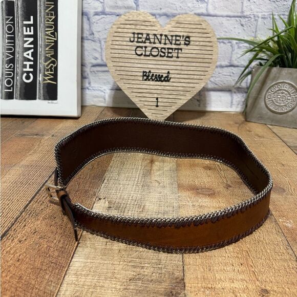 Calvin Klein Brown Leather Asymmetrical Wide Chain Trim Belt Size Large - Picture 2 of 11